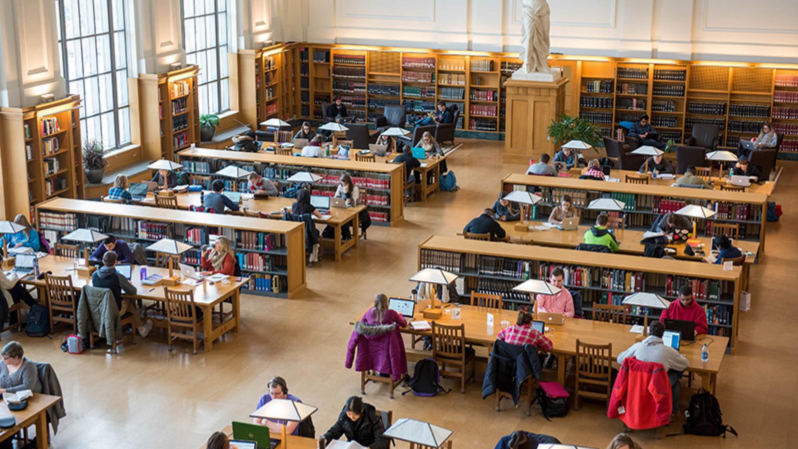 Overhead view of students studying at Thompson Library