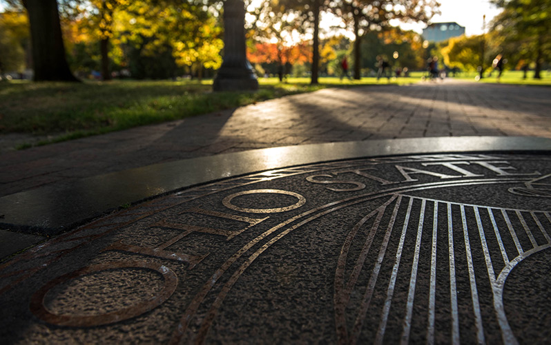 The Ohio State seal on the Oval park