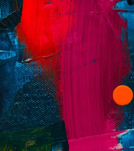 abstract painting detail. A blue field is overlaid with a scarlet brushstroke.